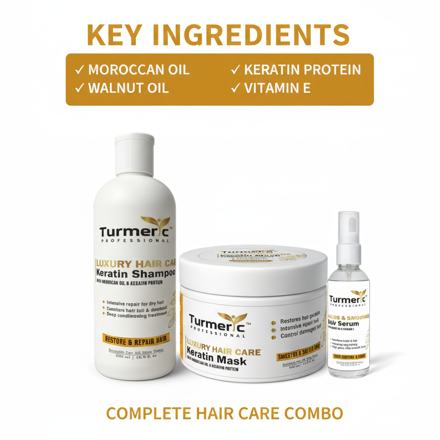 Luxury Hair Care Combo for Women & Men | Complete 3-Step Hair Treatment with Keratin Shampoo, Hair Mask & Hair Serum | Frizz Control, Damage Repair, Hair Fall Solution | Enriched with Moroccan Oil, Vitamin E | 500+500+100 ml