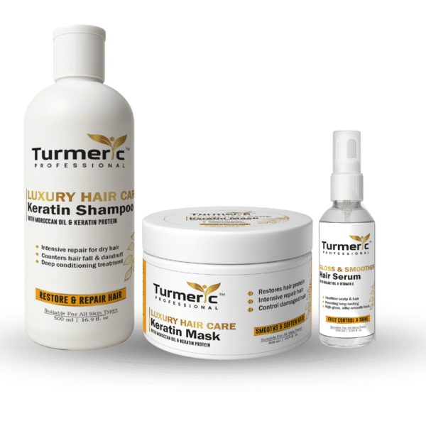 Luxury Hair Care Combo for Women & Men | Complete 3-Step Hair Treatment with Keratin Shampoo, Hair Mask & Hair Serum | Frizz Control, Damage Repair, Hair Fall Solution | Enriched with Moroccan Oil, Vitamin E | 500+500+100 ml